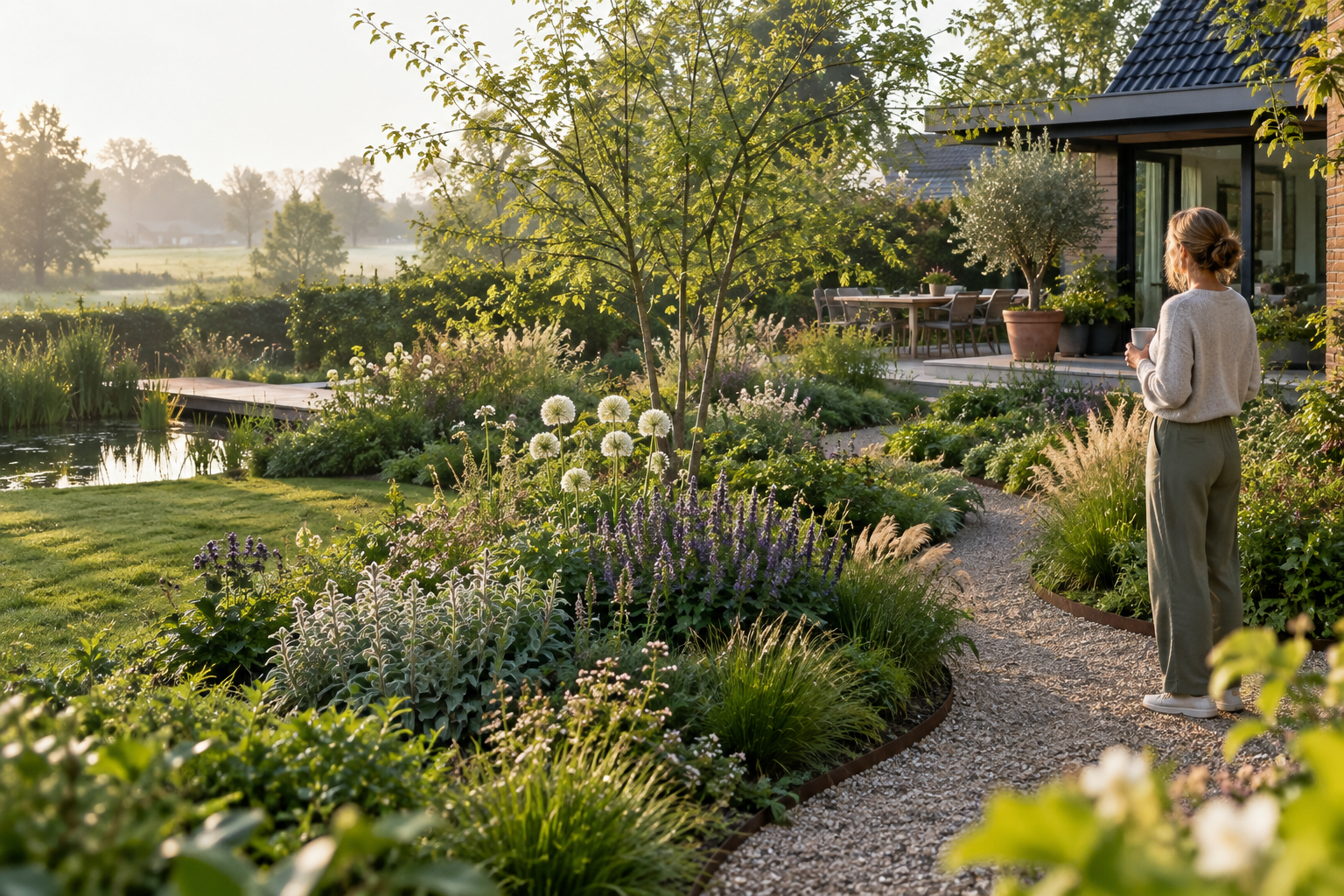 A homeowner overlooking a flourishing contemporary garden with layered planting beds